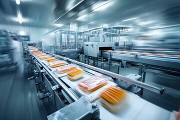 Fully automated packaging line in a food processing plant with clear motion blur