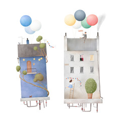 Old town. Flying houses, townspeople, trees, balloons. Watercolor illustration. Cute landscape for a child's room. Wall art.
