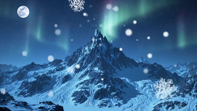 A seamless looping video animation of a majestic snow-covered mountain peak under a vast, starry night sky.