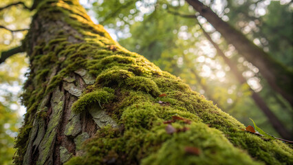 Fototapeta premium Tree trunk covered in moss and leaves