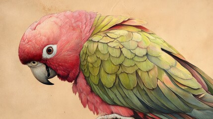 Top-down view of a rose-ringed parakeet with vibrant green feathers and distinctive pink neck ring perched on a natural surface, captured in bright daylight for exotic birdwatching and wildlife themes