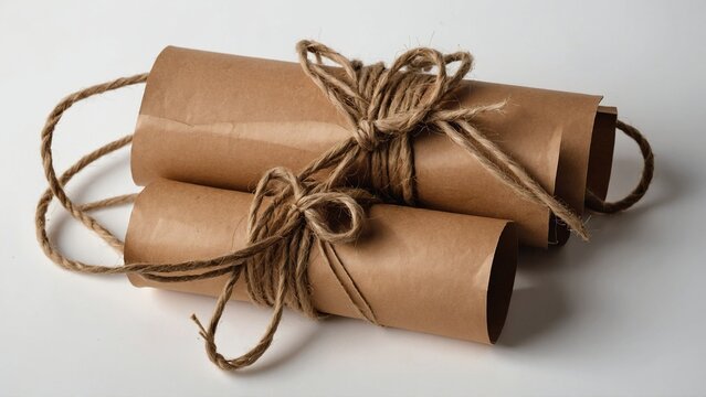 Minimal brown paper tube with two blank tags and twine for product branding and packaging desigm