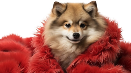 Fluffy Pomeranian puppy in red blanket, cozy winter pet portrait, cute dog studio shot, sweet happy canine friend, isolated on transparent background.