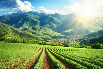Lush green valley with rows of crops, mountains in the background under a vibrant, sunny sky