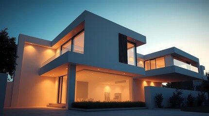 Photorealistic dusk render: White minimalist house bathed in serene blue light, stillness in the air.