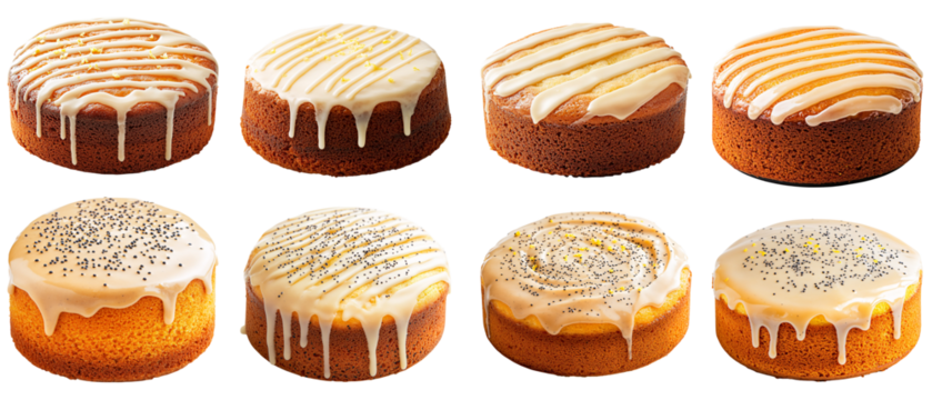 Collection of various Lemon poppy seed cake with a lemon glaze and a sprinkle of poppy seeds isolated on white transparent background PNG set
