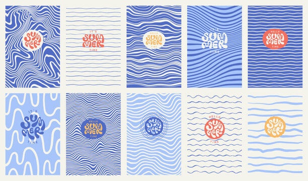 Sea ripples water waves marine summer backgrounds set. Uneven deformed hand drawn blue wavy organic doodle curved winding lines, stripes rectangle patterns. Hello it's summer time hand lettering. 