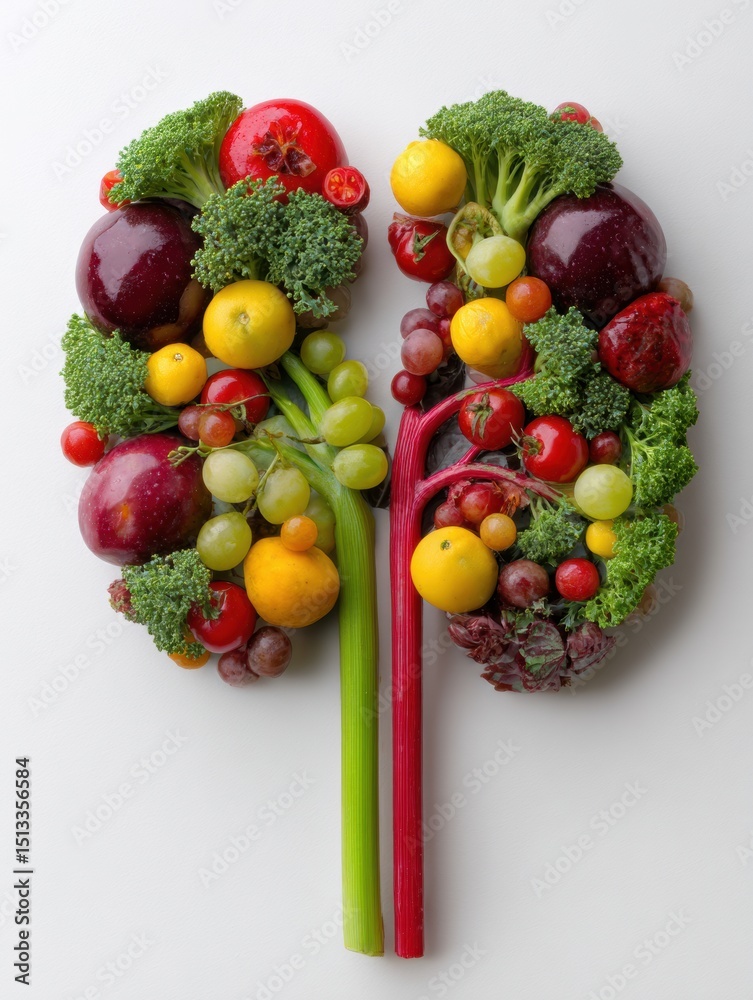 Poster Creative Display of Fruits and Vegetables Arranged to Form a Kidney Shape on a Light Background