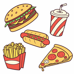 Fast Food Icons, Cartoon Fast Food Sticker Set Colorful Vector Icons of Burger, Fries, Pizza & More