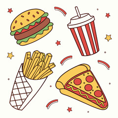 Fast Food Icons, Cartoon Fast Food Sticker Set Colorful Vector Icons of Burger, Fries, Pizza & More