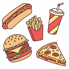 Fast Food Icons, Cartoon Fast Food Sticker Set Colorful Vector Icons of Burger, Fries, Pizza & More