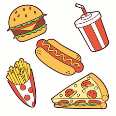 Cartoon Fast Food Sticker Set Colorful Vector Icons of Burger, Fries, Pizza & More