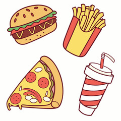 Fast Food Icons, Cartoon Fast Food Sticker Set Colorful Vector Icons of Burger, Fries, Pizza & More
