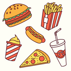 Cartoon Fast Food Sticker Set Colorful Vector Icons of Burger, Fries, Pizza & More