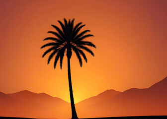 background minimalist design showing a single stylized date palm tree against warm orange sunset