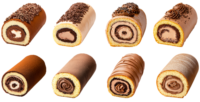 Collection of various Swiss roll cake with soft sponge rolled around rich chocolate cream filling isolated on white transparent background PNG set