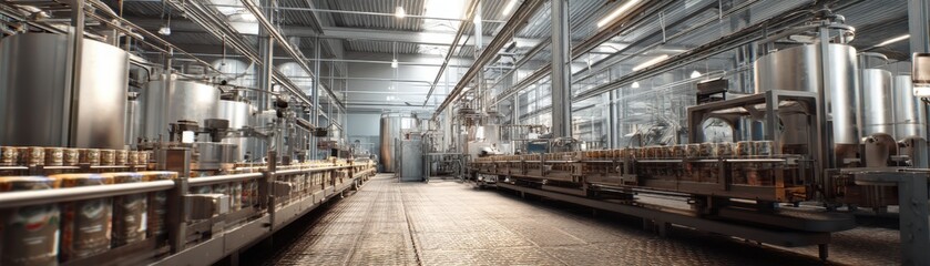 Obraz premium Beer brewery canning line with metallic tones