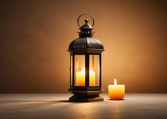 Elegant lantern casting a warm glow on textured stone surface