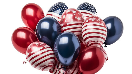 Glossy patriotic balloons in flag colors, July 4th party decorations, shiny red-white-blue stars, festive summer celebration, isolated on transparent background.