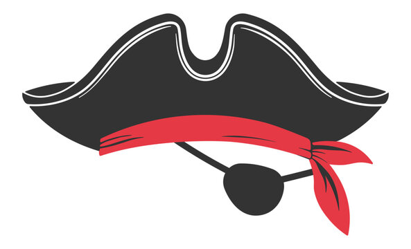 Black pirate hat with red bandana and eye patch, isolated on transparent background. Classic pirate accessories