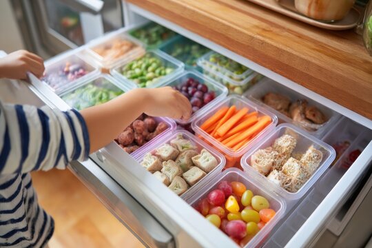 Child Explores Colorful Meal Boxes in Open Freezer Drawer While Kitchen Area Remains Tidy During Daytime Activity