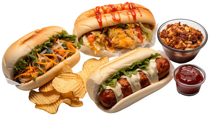 Gourmet hot dogs with melted cheese, crispy potato chips, restaurant menu still life, delicious lunch snack, bun meal closeup, isolated on transparent background.