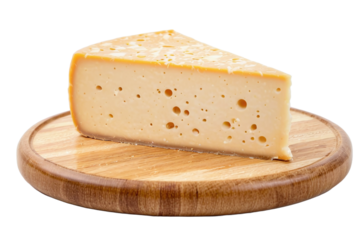 Slice of cheese on a wooden platform, isolated, transparent background, no background. PNG.