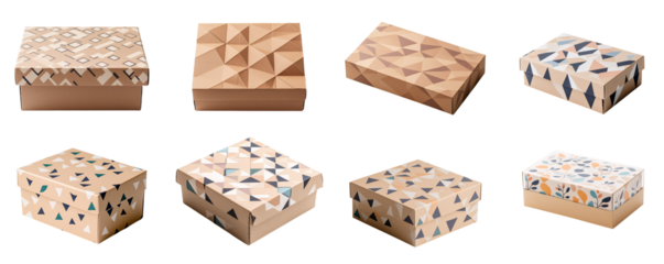 Collection of various A cardboard cake box with a modern geometric pattern isolated on white transparent background PNG set