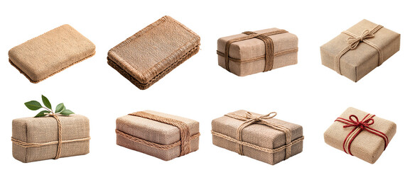 Collection of various A cake packaging with a rustic charm, using burlap and jute for decoration isolated on white transparent background PNG set