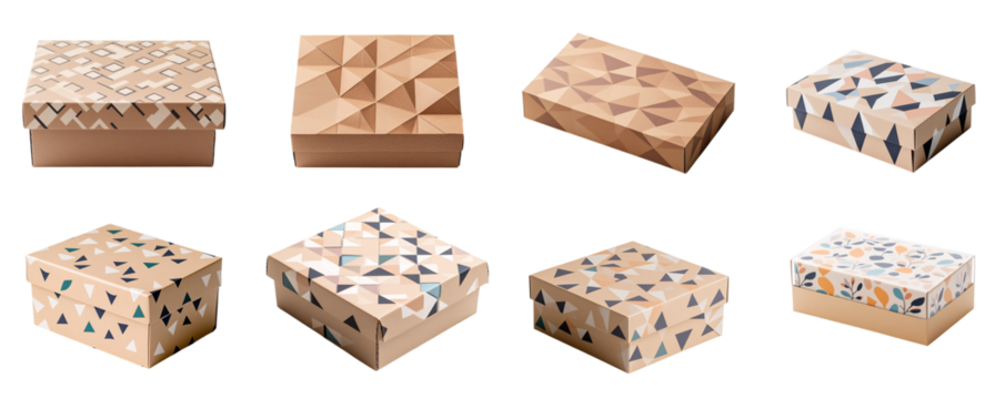 Collection of various A cardboard cake box with a modern geometric pattern isolated on white transparent background PNG set