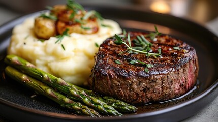 Juicy Filet Mignon Plate with Asparagus and Mashed Potatoes