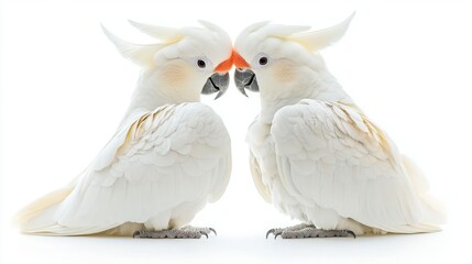 Obraz premium Affectionate pair of cockatoo parrots showing love and bonding behavior while perched together, isolated on white background for romantic nature and exotic bird concepts