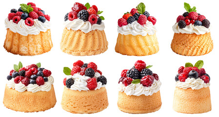 Collection of various Angel food cake with a light and fluffy texture, topped with fresh whipped cream and berries isolated on white transparent background PNG set