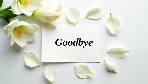White lilies with goodbye note and petals on minimal background  