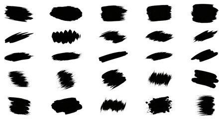 A collection of simple black brush stroke shapes in various sizes and textures.