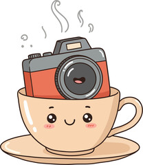 cute camera inside a tea cup, steam coming out, cheerful face