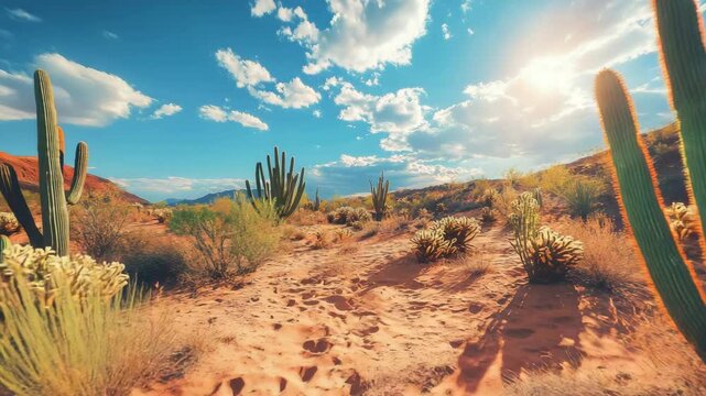A desert scene with a cactus and a mountain in the background. The sky is cloudy and the sun is shining