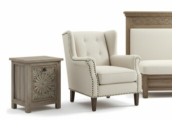Rustic Elegance A Collection of HandCrafted Wooden Furniture Featuring a Wingback Armchair and End Table