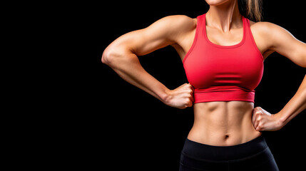 Fototapeta premium Strong woman showcasing her toned physique in red sports top, emphasizing her muscular arms and defined abs