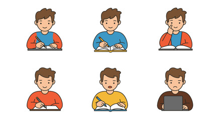 Cartoon Boy Studying Writing Reading and Using a Laptop
