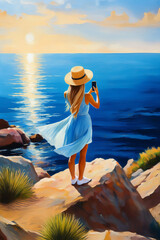 Painting style image of young woman standing on rocks, taking photo with phone of Mediterranean sea