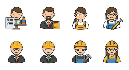 Cartoon Illustrations of Various Professions Office Worker Manager and Construction Workers