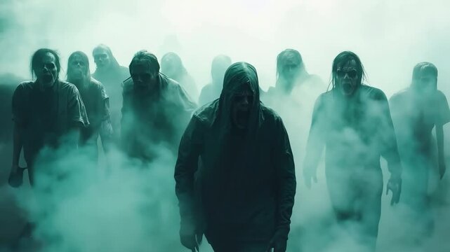 A group of people standing in a foggy field