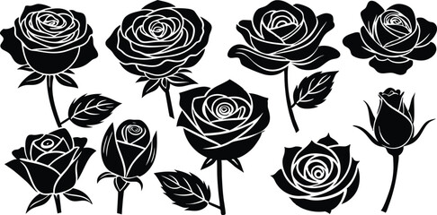 Collection of Elegant Black and White Rose Silhouettes Perfect for Design Projects