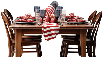 Stars-and-stripes table setting, red-white-blue dinnerware, July 4th home celebration, elegant patriotic dining decor, isolated on transparent background.