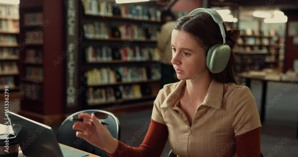 Poster Laptop, woman and student with headphones in university studying for exam with textbooks in library. Education, computer and person writing with learning for college test or assignment on campus.