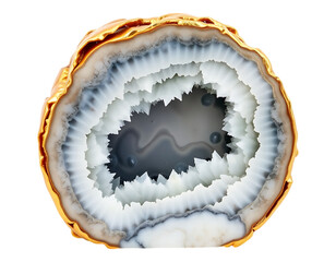 Detailed cross-section of a geode with crystal formation and golden rim