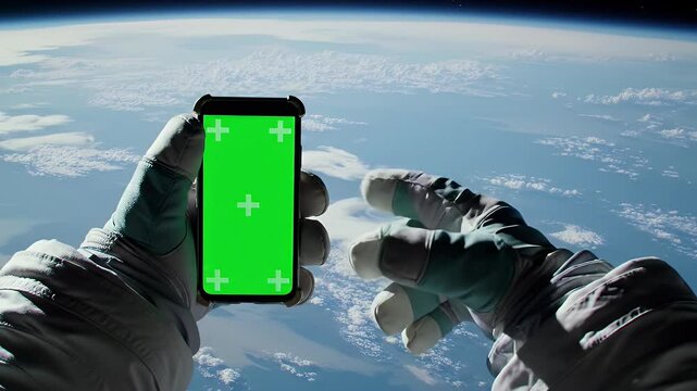 Cinematic space scene showing an astronaut during a spacewalk, holding a smartphone with a green screen, chroma key display.
