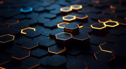 Obraz premium Abstract Hexagon Pattern: Glowing 3D Geometric Design with Dark Blue and Orange Hues