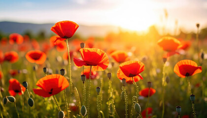 Fototapeta premium Vibrant Red Poppy Flowers at Sunset in Open Field Landscape